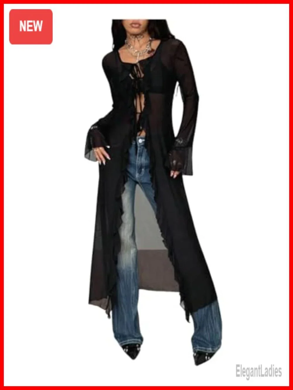 Sheer Mesh Ruffle Bell Long Sleeve Tie Front Cardigan Y2K See Through Top